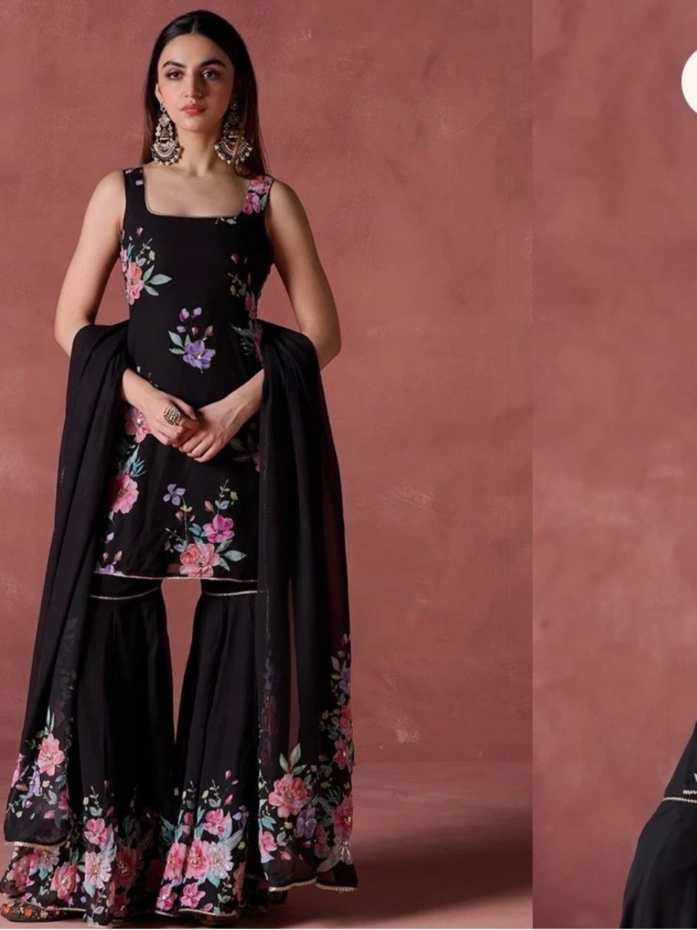 Black Floral Wide-Leg Sharara Set - Women's Festive Pants & Kurta